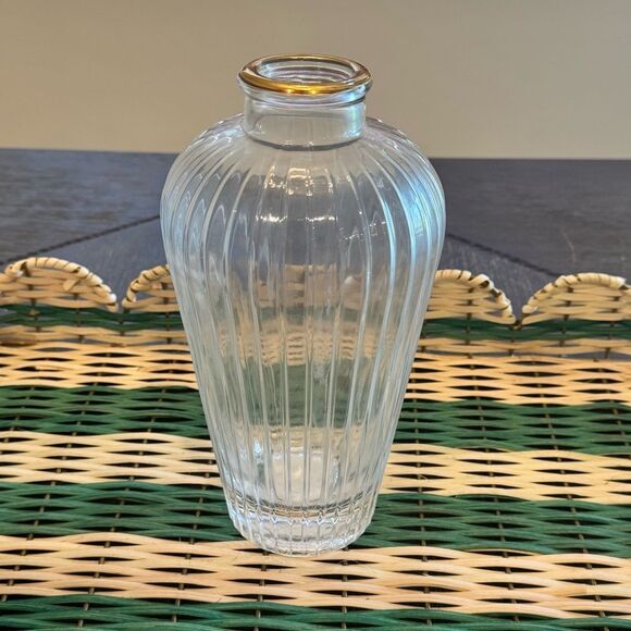 HEARTH & HAND NWT fluted clear glass bud vase with gold rim -9” - Picture 3 of 5